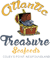 Logo for Atlantic Treasure Seafoods featuring a stylized treasure chest overflowing with fish atop. The text "Atlantic Treasure Seafoods" is displayed in a decorative font beneath the chest.