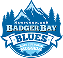 A blue and white logo featuring mountains at the top and text below. The text reads "Newfoundland Badger Bay Blues Rope Cultured Mussels." The logo has a nautical feel, possibly representing a seafood product.