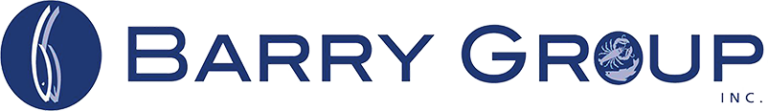 Logo for Barry Group Inc., displaying the company name in blue capital letters. To the left, there is a circular emblem with an abstract design.