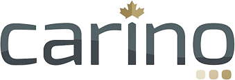 The image shows the logo for "Carino" with the letters in a modern, rounded font. The dot over the letter 'I' is replaced by a stylized maple leaf, and three small dots are placed in a row at the lower right corner.