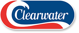 A logo with a background colored in red, white, and blue. The left side features a wave design, and the word "Clearwater" is prominently displayed in the center with white text over a blue background.