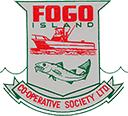 Logo of Fogo Island Co-operative Society Ltd., featuring a red fishing boat and a fish against a gray and green shield design. The text "FOGO ISLAND" appears at the top in red, while "CO-OPERATIVE SOCIETY LTD" is displayed at the bottom in red.