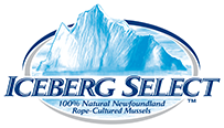 Logo of Iceberg Select. Features an image of an iceberg with "Iceberg Select" written below in large blue letters. Underneath, it says "100% Natural Newfoundland Rope-Cultured Mussels." The design is enclosed in an oval shape.