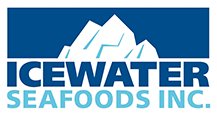 Logo of Icewater Seafoods Inc. featuring stylized blue text. Above the text, there is a depiction of snowy mountain peaks rendered in blue and white. The full name of the company is displayed beneath the mountain graphic.