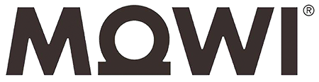 The image shows the Mowi logo. It features the letters "MOWI" in bold, black, uppercase font with a unique design where the letter "O" is stylized to resemble the Greek letter Omega (Ω). The registered trademark symbol (®) is at the top right of the logo.