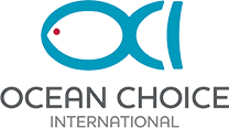 Logo of Ocean Choice International. The logo features stylized letters "OCI" in blue, with the "C" forming the shape of a fish. There is a small red circle inside the fish shape. Below the letters, the company name "Ocean Choice International" is written.