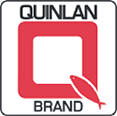 Logo of "Quinlan Brand" featuring a large red square with rounded corners in the center. Overlapping the bottom right corner of the square is a red silhouette of a fish. The word "QUINLAN" is above the square, and "BRAND" is below it, both in black text.