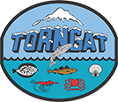 A colorful logo featuring the word "TORNGAT" with a stylized mountain and fish jumping out of the water. Below, there are illustrations of a fish, prawn, cod, crab, and scallop, all set against an oval blue and white background.